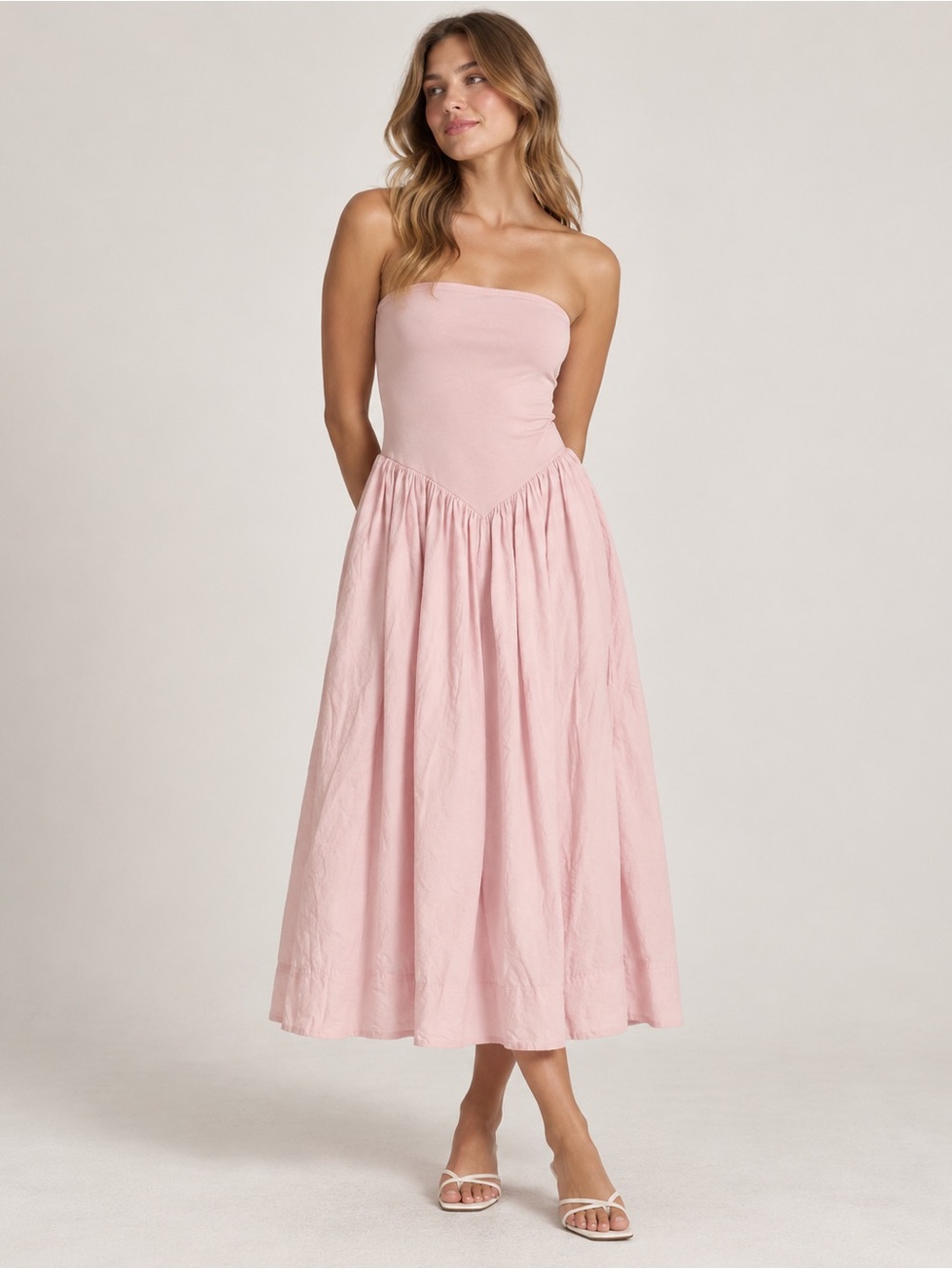 Urban Outfitters Blush Pink Strapless Drop Waist Midi Dress
